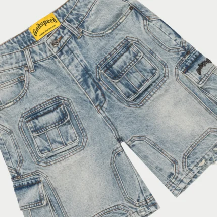 godspeed octagon cargo denim shorts blue front view