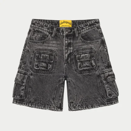 godspeed octagon cargo denim shorts grey wash front view