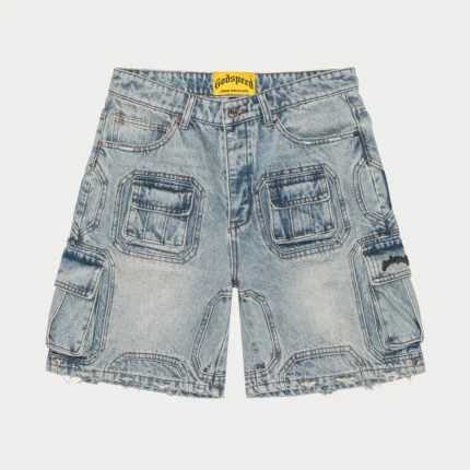 godspeed octagon cargo denim shorts blue front view