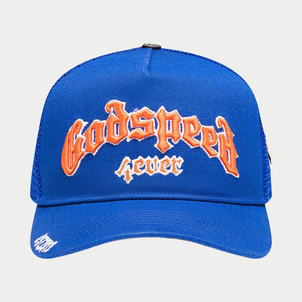 godspeed clothing forever trucker hat blue orange front view godspeed clothing forever trucker hat blue orange front view